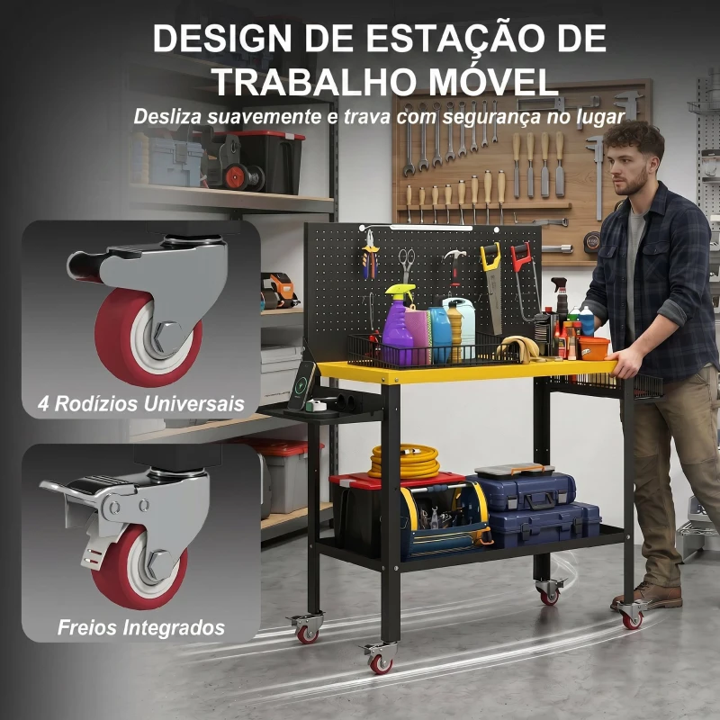 HOMCOM Bancada de Trabalho com Painel Perfurado, Tomadas, Luz LED e Rodas, Preto e Amarelo