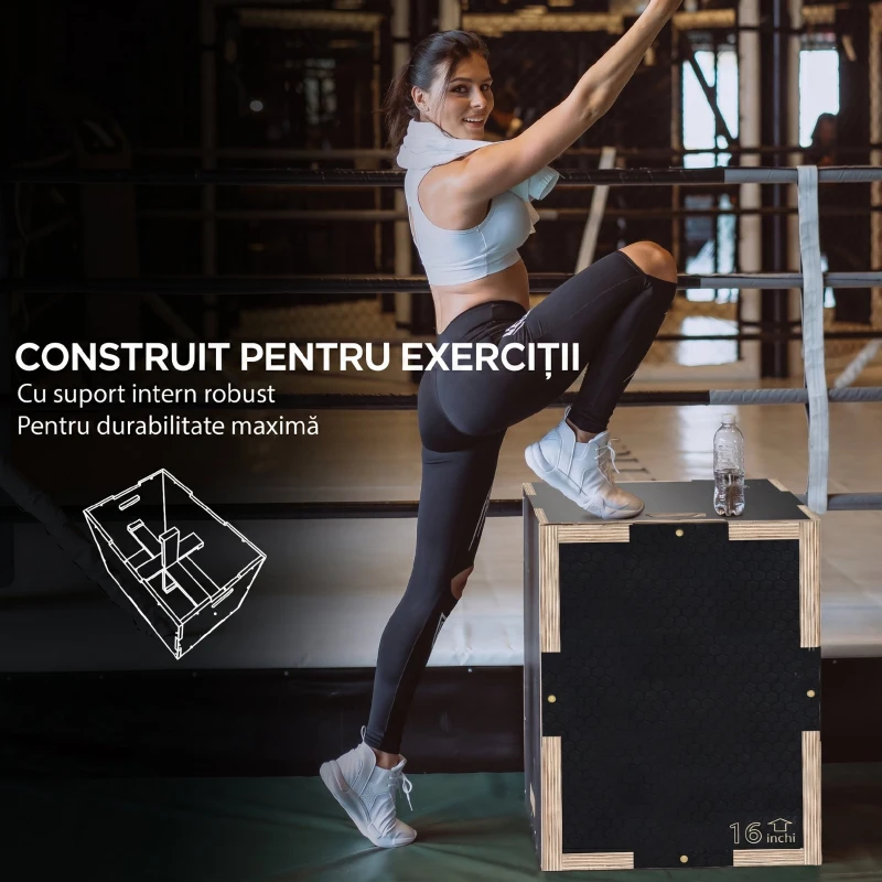 SPORTNOW Cutie de Sărituri Pliometrică la 3 Înălțimi din Lemn Antiderapant, 41-36-31cm, Negru