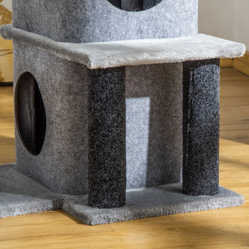 PawHut Arbre à chats design cosy chic multi-équipements centre d'activités niches plateformes lit jeu boule feutres amovibles lavables panneaux de particules peluche courte 48 x 48 x 100 cm gris