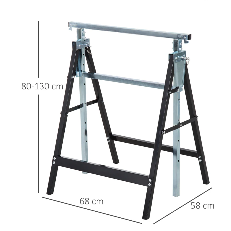 HOMCOM Set de 2 Caballetes Metálicos Plegables con Altura Ajustable Caballetes de Sierra de Acero 68x58x80-130 cm Negro