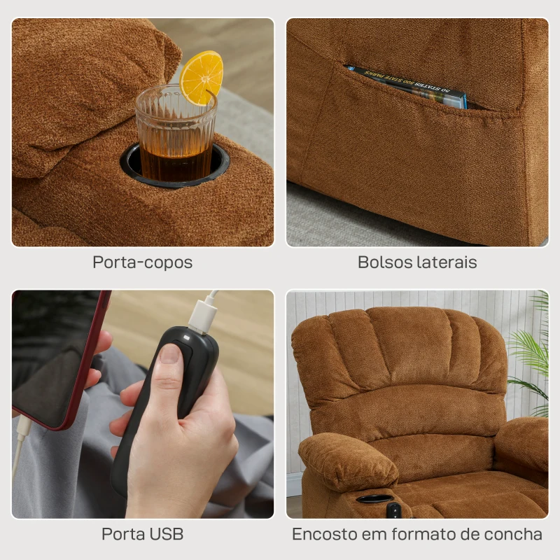 HOMCOM Poltrona Relax Reclinável Elétrica com Função Memória Apoia-Pés Controlo Remoto Bolsos Laterais Porta USB Porta-Copos Castanho