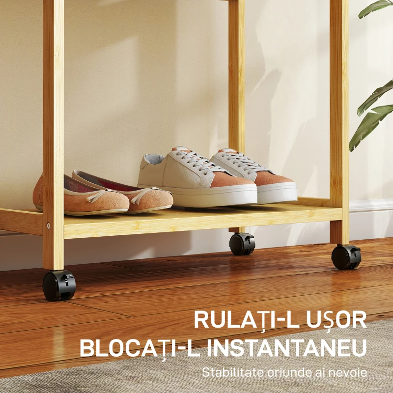 HOMCOM Suport de haine din bambus, cu bară, rafturi și 4 roți, 70x35x175 cm, lemn natural