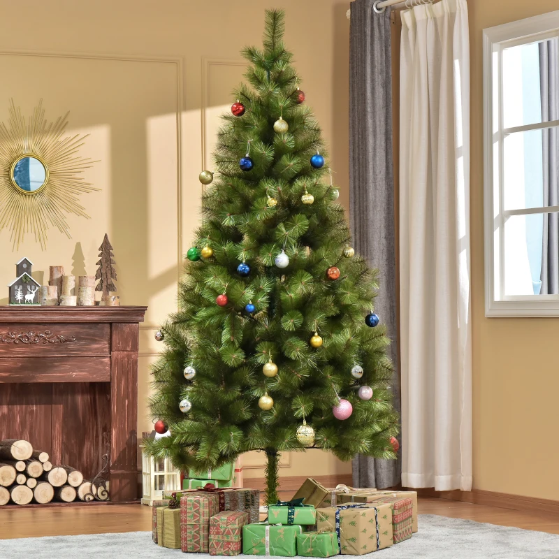 HOMCOM Künstlicher Weihnachtsbaum 210 cm Haken-Weihnachtsbaum mit 505 Spitzen mit silbernen Akzenten Christbaum Weihnachtsdeko inkl. Metallständer für drinnen