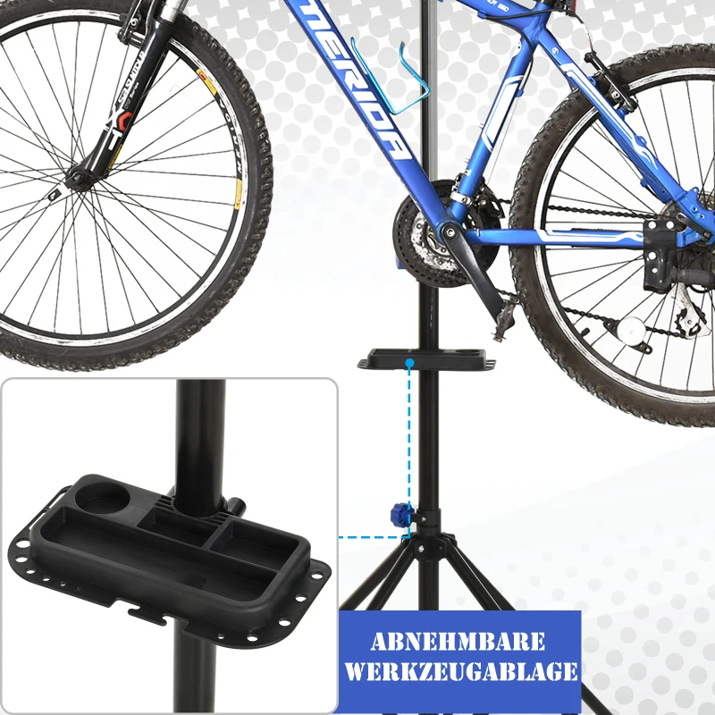 HOMCOM Fahrradmontageständer Zentrierständer Fahrradständer Reparaturständer vierbeinig mit Werkzeugablage Schwarz 144x144x117-170 cm