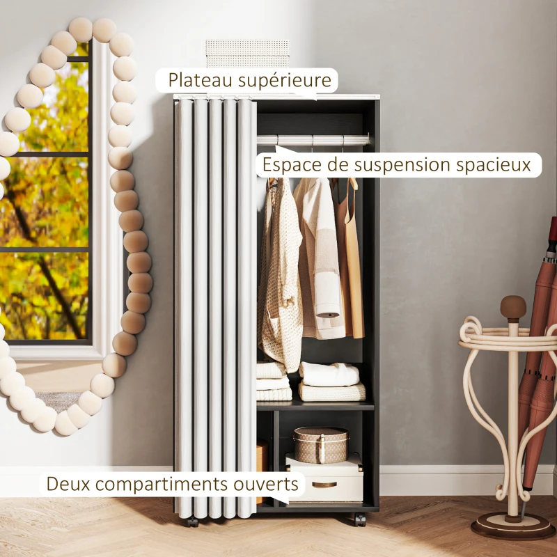HOMCOM Armoire penderie Armoire de Rangement Mobile avec rideau, Panneaux de Particules, tringle de suspension, noir(m-4)