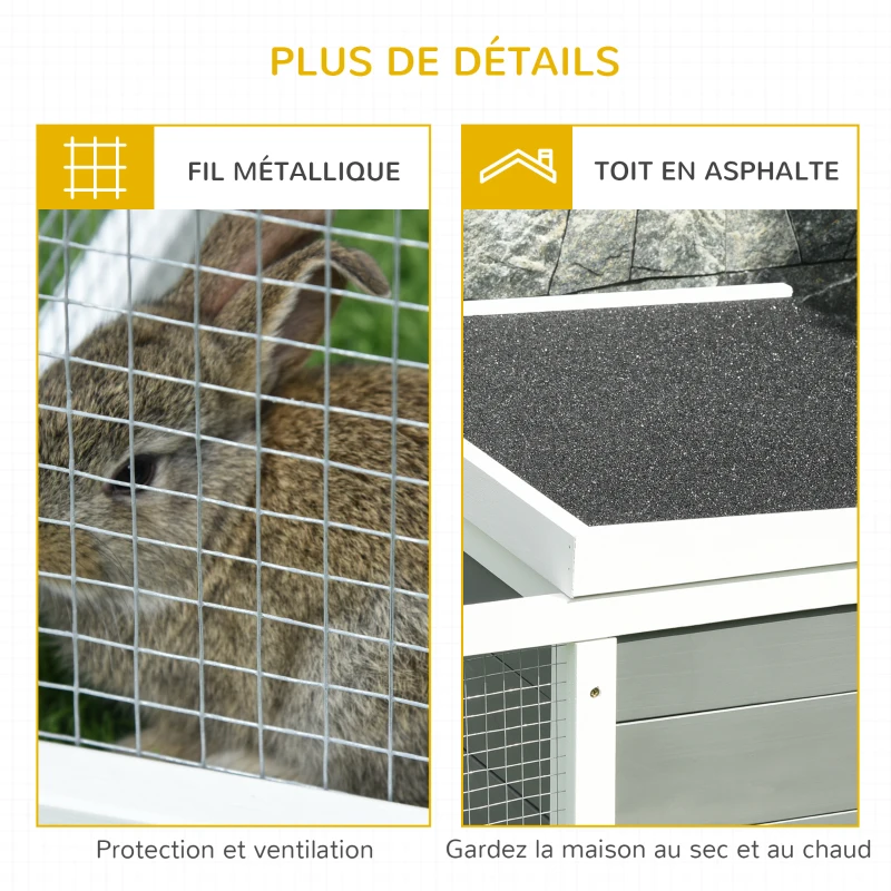 PawHut Clapier cage à lapins imperméable grand espace en bois massif gris 115x66x47,5 cm