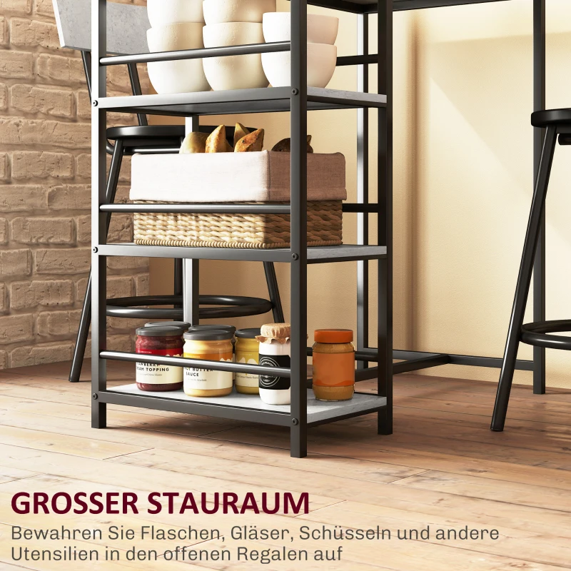 HOMCOM 3-teiliges Ess-Set mit Bartisch und 2 Stühlen, Kleines Küchenset mit seitlichen Regalen, MDF, Metall, Schwarz