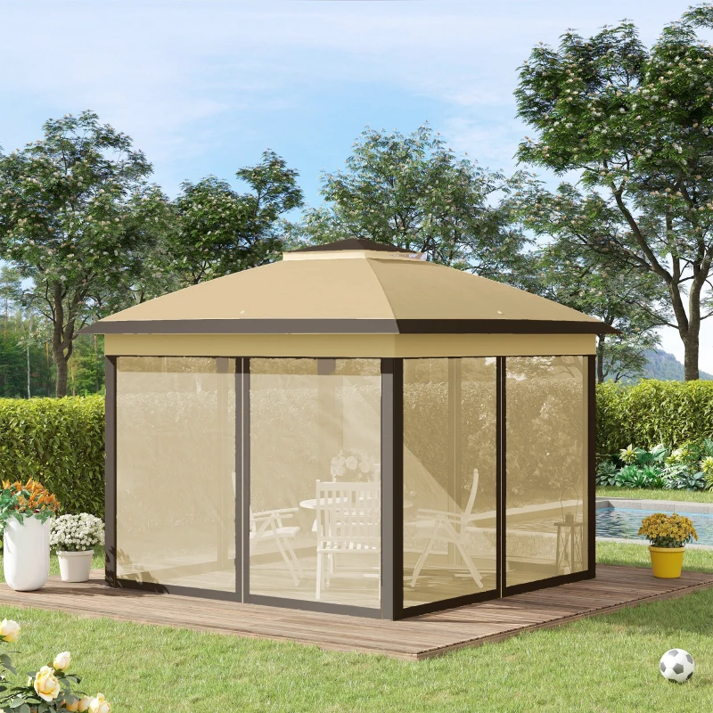 Outsunny Pérgola Dobrável Exterior com Altura Ajustável Teto Duplo  4 Mosquiteiras Removíveis e Bolsa de Transporte 3,3x3,3 m Bege