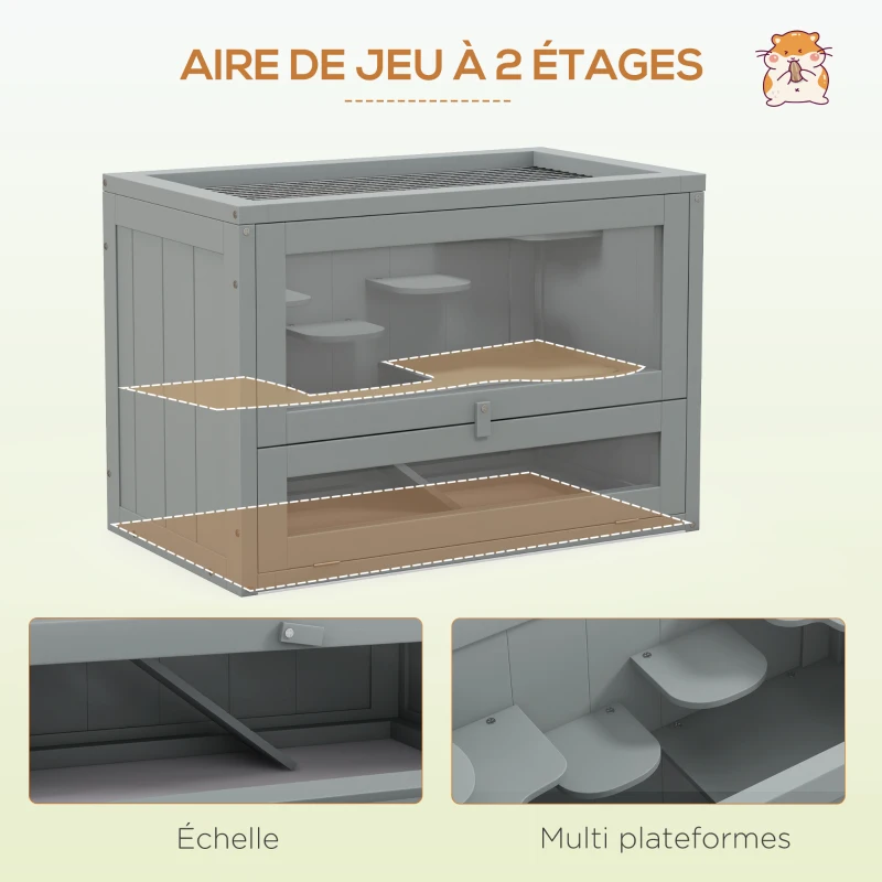 PawHut Cage pour hamsters souris petits rongeurs multi-équipements rampe plateformes toit ouvrant grillagé 60 x 35 x 42 cm gris