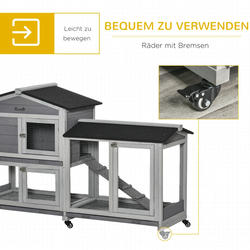 PawHut Hasenstall 2 Etagen Kaninchenstall aus Holz 157,4 x 53 x 99,5 cm Kaninchenkäfig mit wetterfest Bitumendach, Freilaufgehege, Rampe, Tür, Stahlgitter, Hasenkäfig für Kaninchen, Outdoor Grau