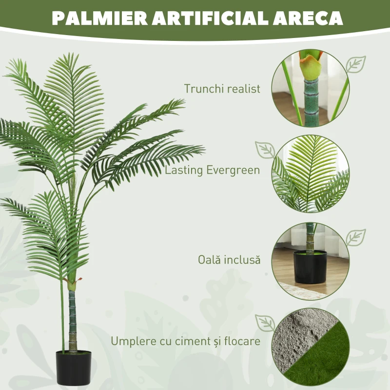 HOMCOM Plantă Artificială Areca Palm, Înălțime 150 cm, pentru Interior, cu Ghiveci, Decorațiune pentru Casă și Birou, Verde