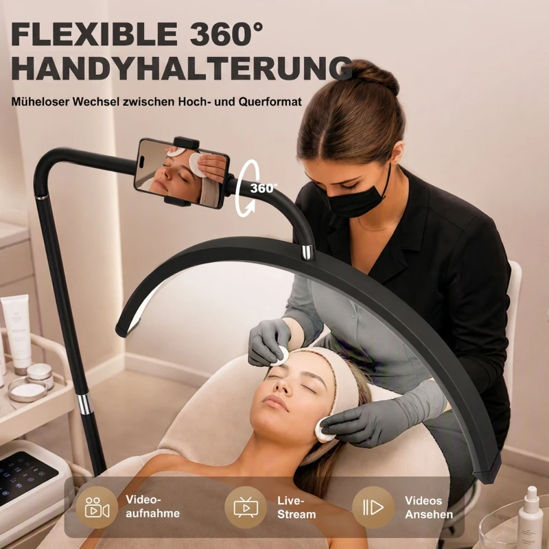 HOMCOM LED Halbmond Wimpern Lampe mit Telefonhalter 350° Drehbar Beauty-Ringlicht Warme Lampe mit Einstellbar Höhe