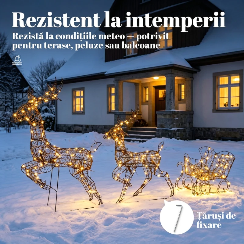 Outsunny set de Crăciun 3 piese cu reni și sanie, 240 LED, 105 cm, alb cald