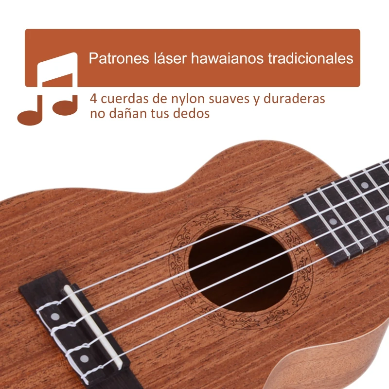 HOMCOM Ukelele Soprano para Principiantes con 4 Cuerdas de Nylon Ajustables Juguete educativo 53x17,5x6,2cm Madera