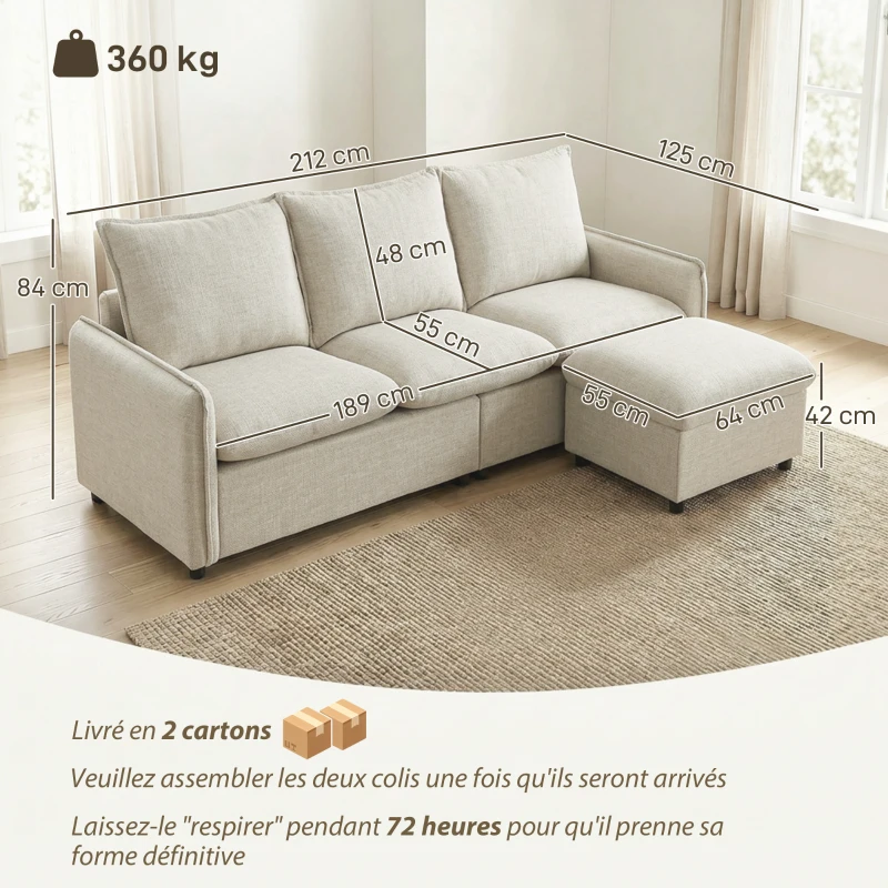 HOMCOM Canapé 3 places avec pouf de rangement, canapé d'angle modulable 212 cm, coussins à ressorts, tissu en lin, crème