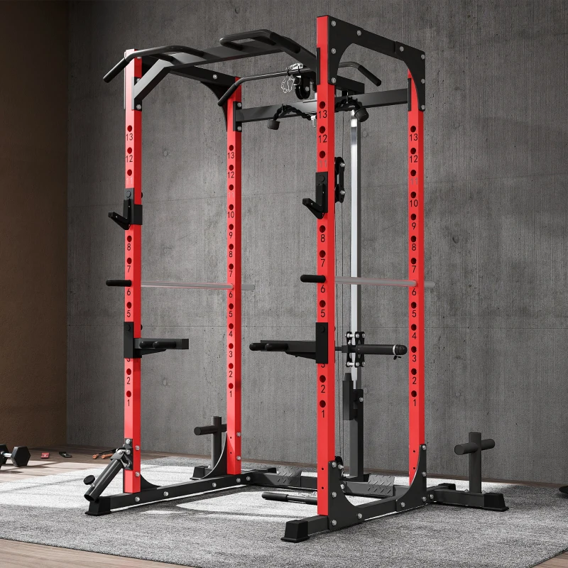 SPORTNOW Stație de Fitness cu Suport pentru Haltere și Bară pentru Tracțiuni și Dip, din Oțel, 191x153x205 cm, Roșu și Negru