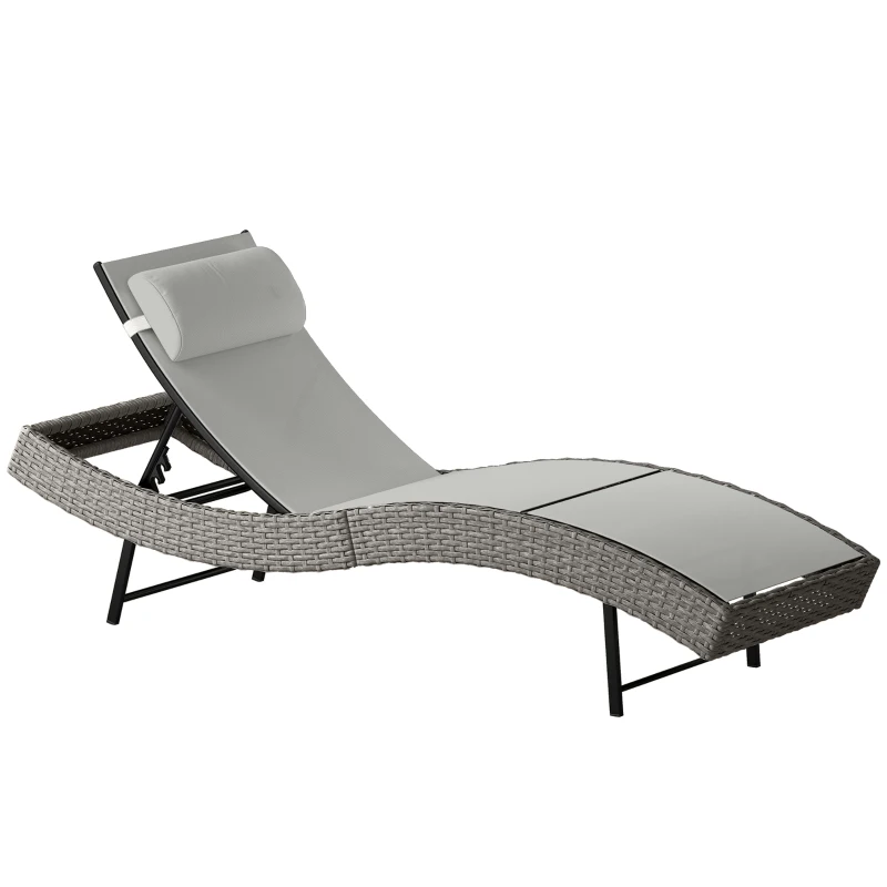 Outsunny Chaise longue en résine tressé, bain de soleil avec dossier réglable 5 positions et appui-tête, 198 x 61 x 44 cm, gris
