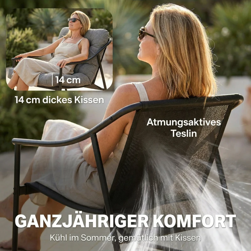 Outsunny Gartensessel Gartenstuhl mit abnehmbarem Sitzkissen Garten Loungesessel mit Armlehne, bis 120 kg belastbar Dunkelgrau