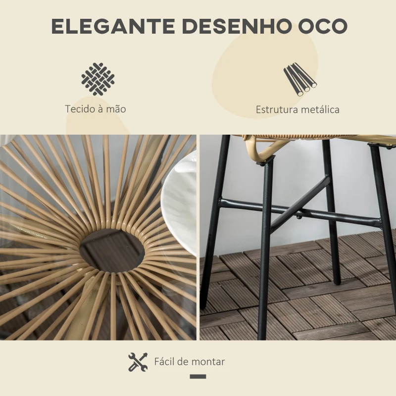 Outsunny Mesa Auxiliar de Vime Sintético para Exteriores com Bancada de Vidro Temperado e Pés de Metal Ø50x50 cm Bege e Preto