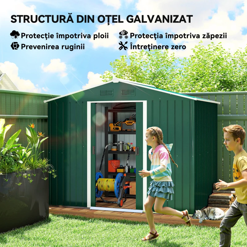 Outsunny Magazie de Grădină 3,6m² din Foi de Oțel cu 2 Uși Glisante și 4 Guri de Aerisire, 236x174x190 cm, Verde
