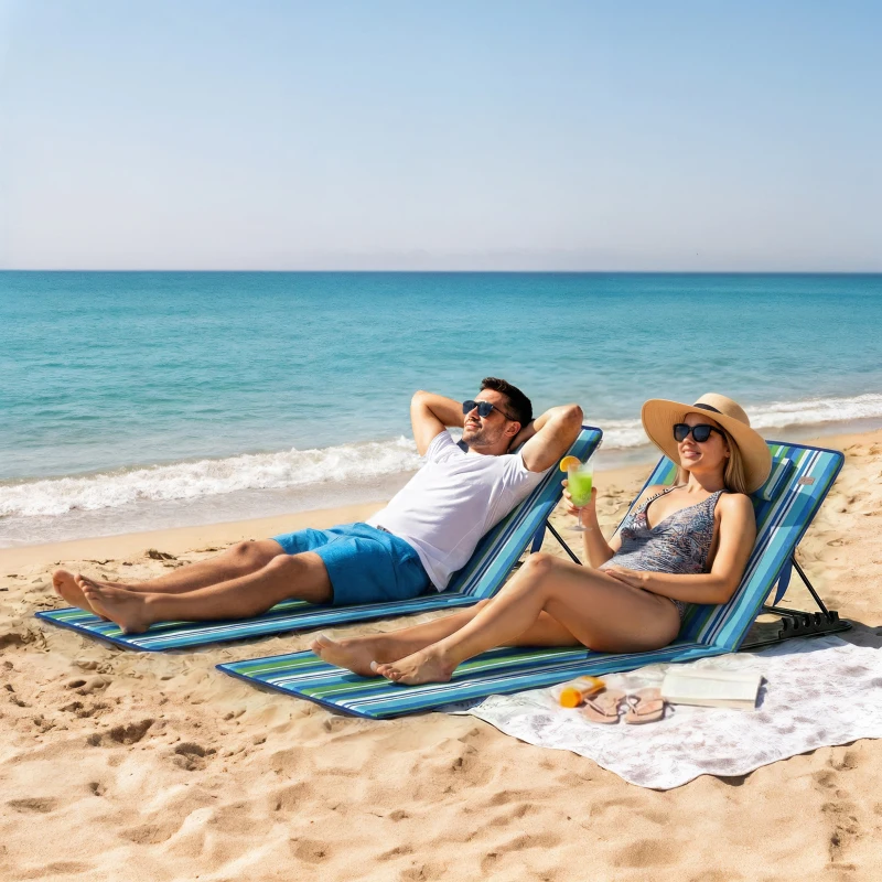 Outsunny 2er Set Strandmatte mit Verstellbarer Rückenlehne klappbar leicht Strandliege mit Kopfkissen Aufbewahrungstasche