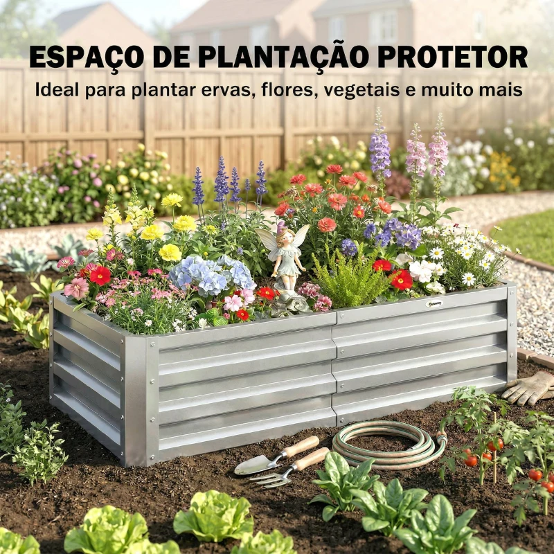 Outsunny Caixa de Plantio de Aço Galvanizado para Cultivar Plantas Flores Floreira Exterior Retangular com Fundo Aberto 120x60x30,5 cm Prata