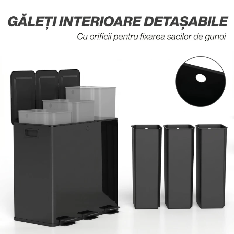 HOMCOM Bidone Immondizia a 3 Sezioni da 20L con Chiusura Silenziosa, in Acciaio Inox e PP, 61.9x36.6x56.7 cm, Nero