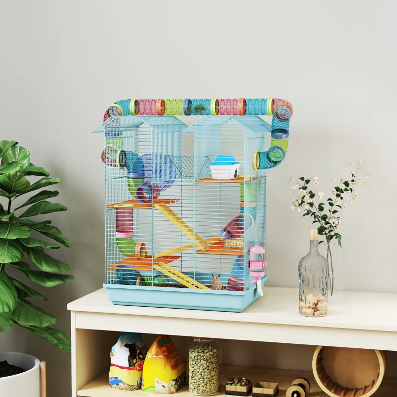 PawHut Gabbia per Criceti a 5 Piani con Tubi Colorati, Ruota, Casetta e Accessori, 47x30x59 cm, Azzurro