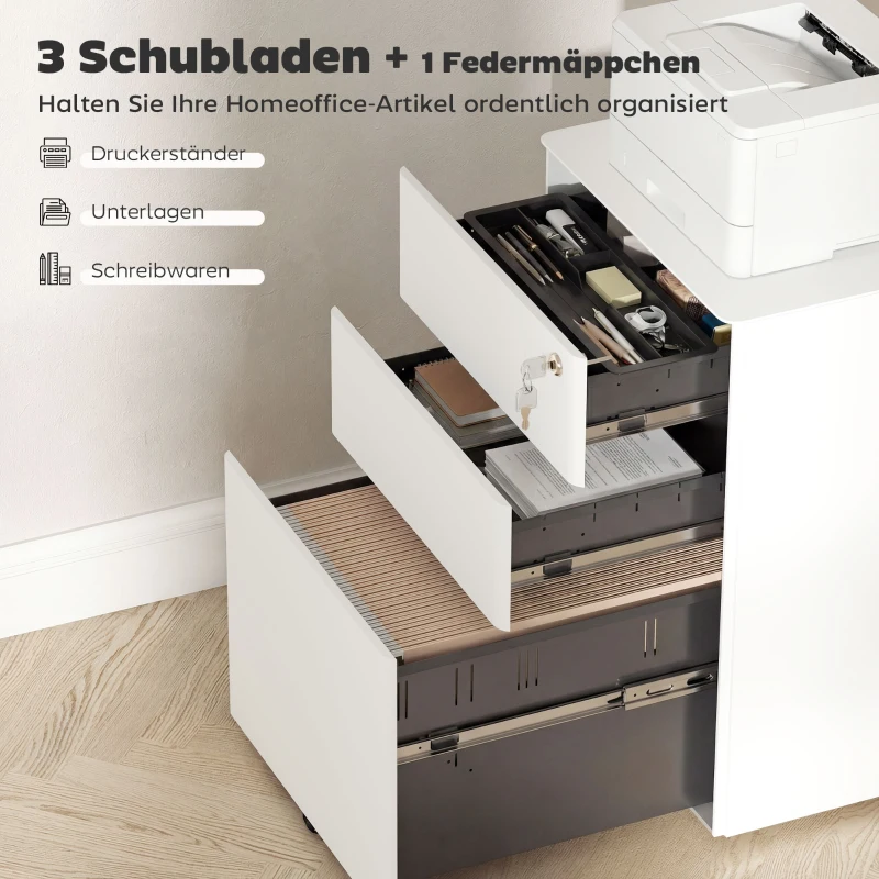 Vinsetto Rollcontainer mit 3 Schubladen mobiler Aktenschrank mit Rollen abschließbar Büroschrank mit Hängeregistratur Stiftfach, Bürocontainer für Büro, Homeoffice, 39 x 48 x 59 cm Weiß