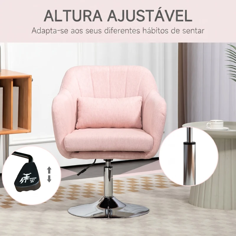 HOMCOM Cadeirão Giratório 360° para Sala de Estar com Altura Ajustável, Encosto Envolvente, Apoios de Braços e Almofada, 60x60x79-91 cm, Rosa