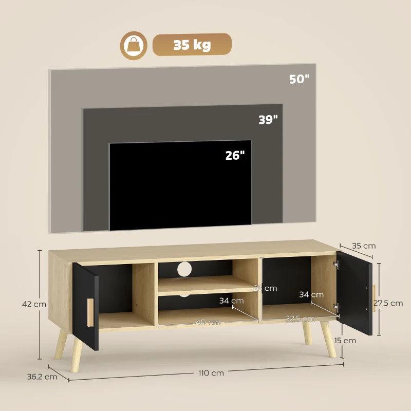 HOMCOM Meuble TV meuble télé bois banc TV jusqu'à 50 pouces avec étagères, 2 placards et passe-câbles, chêne