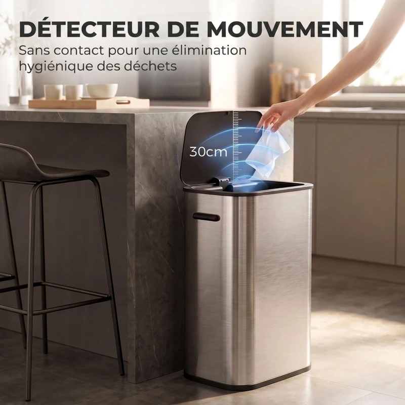 HOMCOM Poubelle de Cuisine Automatique 55L en Acier Inoxydable, Couvercle à Fermeture en Douceur, Fonctionne sur Piles, Argent