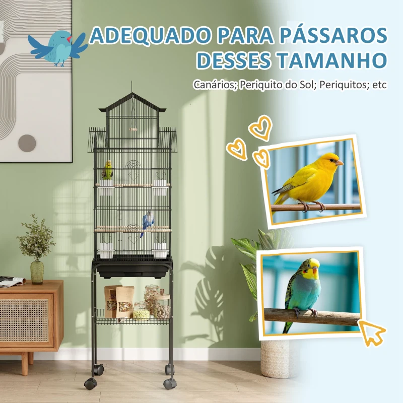 PawHut Gaiola de Metal para Pássaros com Bandeja Amovível Rodas 4 Comedouros 3 Poleiros e 1 Baloiço 50,5x41x163 cm Preto