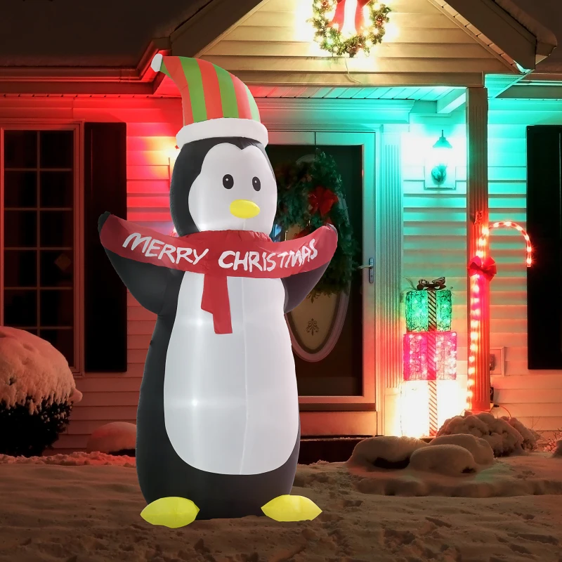 HOMCOM Aufblasbare Pinguin-Figur 2,43 m Weihnachtsdekoration mit Lichtern Weihnachten Dekoration automatisches Aufblasen wetterfest Polyester Weiß+Schwarz+Rot+Grün 130 x 75 x 243 cm