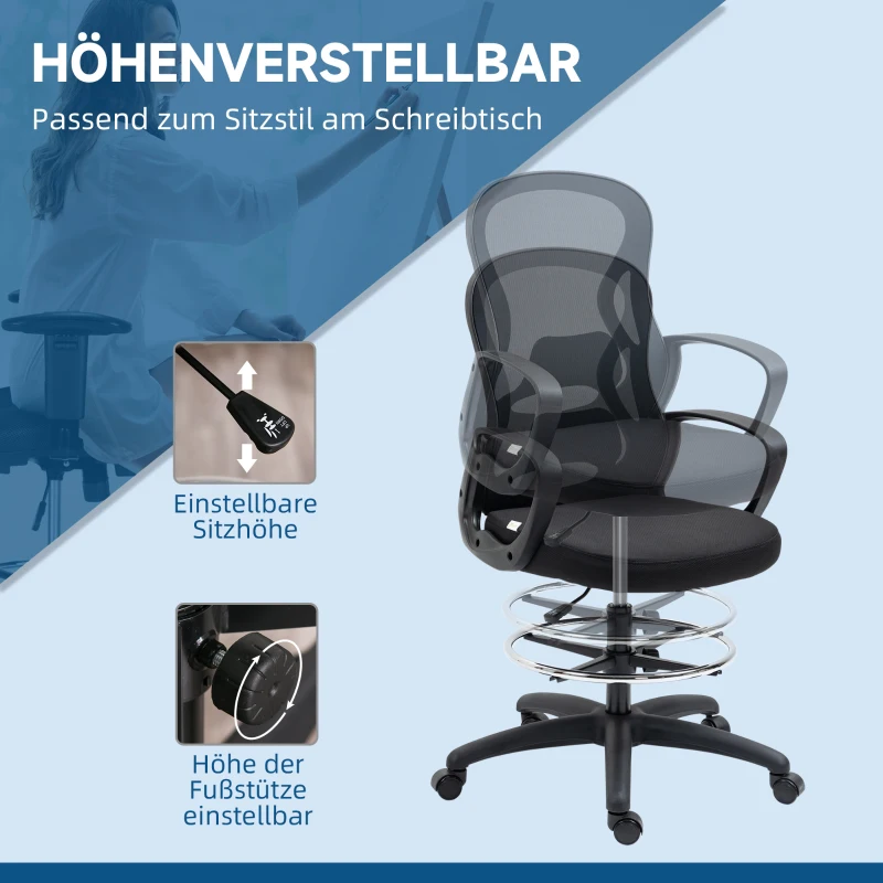 Vinsetto Bürostuhl, Zeichenstuhl mit Fußstütze, höhenverstellbar, 5 Rollen, Schwarz