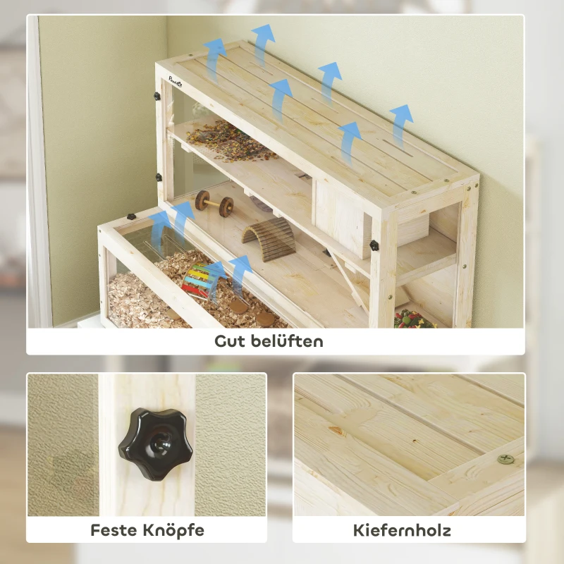 PawHut Hamsterkäfig, 3 Ebenen, Hütte, Zubehör, 100 x 50 x 84 cm, für mehrere Kleintiere, Holz, Kunststoff
