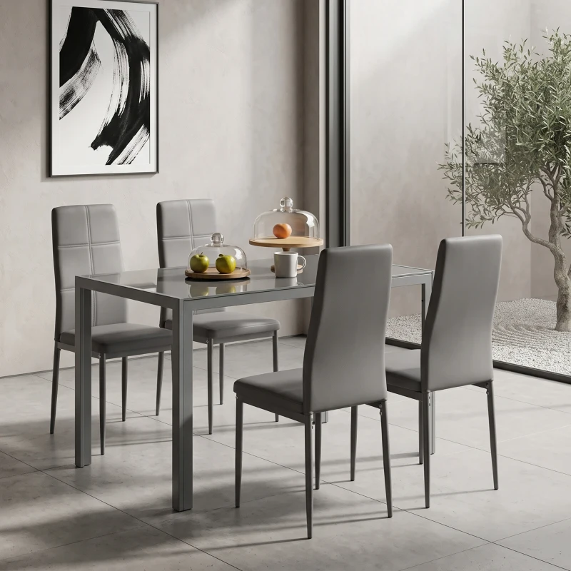 HOMCOM Conjunto de Sala de Jantar 5 Peças com Mesa Retangular de Vidro Temperado e 4 Cadeiras em PU Cinzento