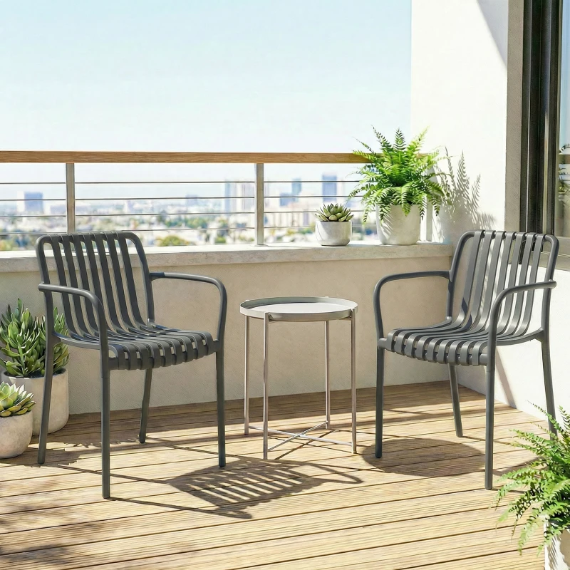 Outsunny Gartenstühle 4er Set Stapelbare Terrassenstühle mit Lamelldesign Armlehnen, Ergonomisch Dunkelgrau