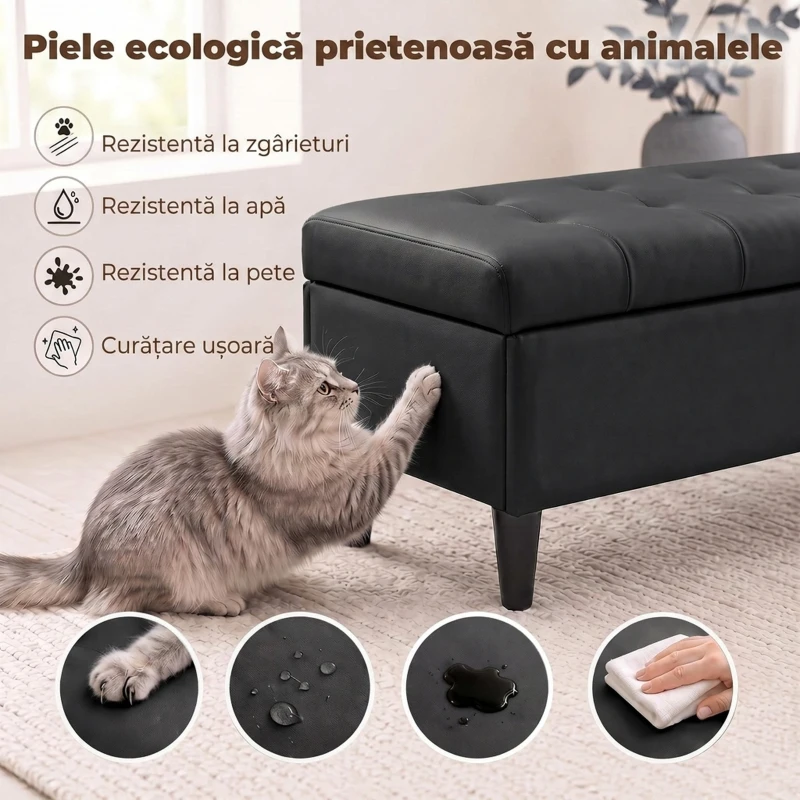 HOMCOM Bancă cu depozitare 136 L, taburet cu ladă 110x41x42 cm, piele ecologică pet-friendly, negru