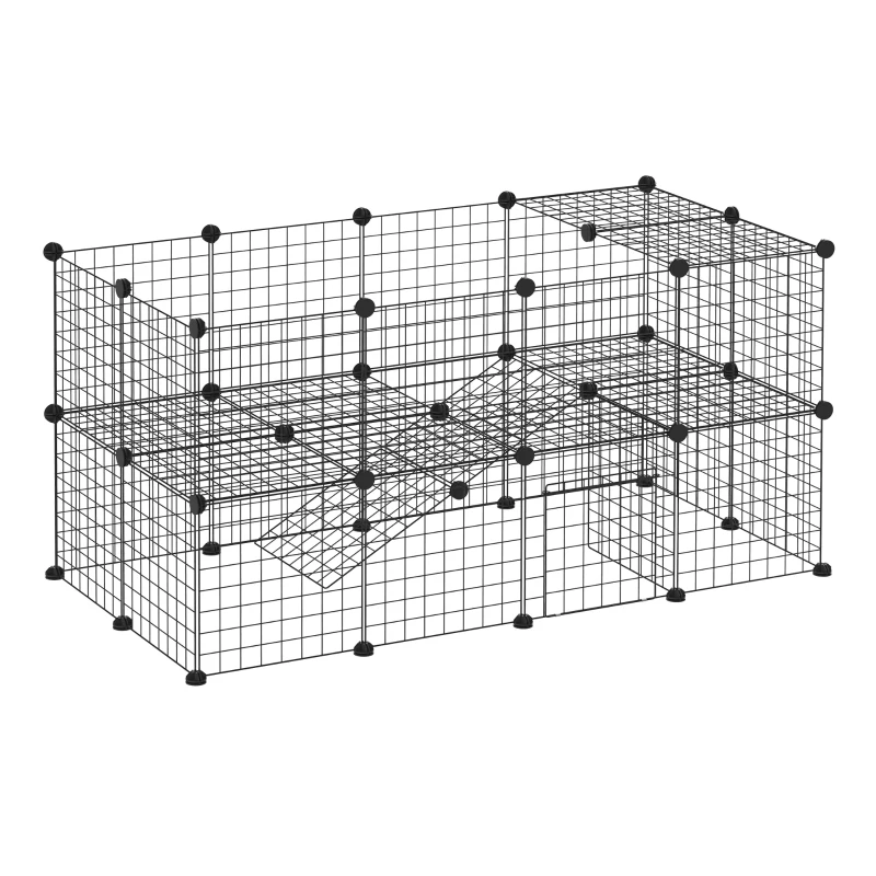 PawHut Valla Metálica para Mascotas de 36 Paneles, Jaula para Animales Pequeños, Forma Personalizable, Jaula para Conejos, Cobayas, Chinchillas, Gatitos, 146x73x73 cm, Negro