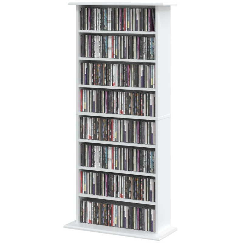 HOMCOM Dulap media îngust, 8 niveluri, 6 polițe reglabile, 8 compartimente, pentru 360 CD-uri, Alb