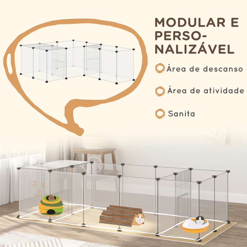 PawHut Cerca para Animais DIY com 20 Painéis e Esteira Parque para Pequenos Animais para Porquinhos-da-Índia e Ouriços 175x70x45 cm Branco
