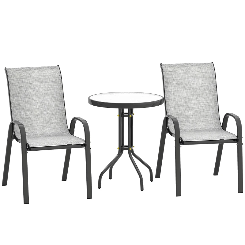 Outsunny Set Mobilier de Grădină din 3 Piese cu Scaune Suprapozabile și Masă din Sticlă, 54x71x93 cm, Gri Închis