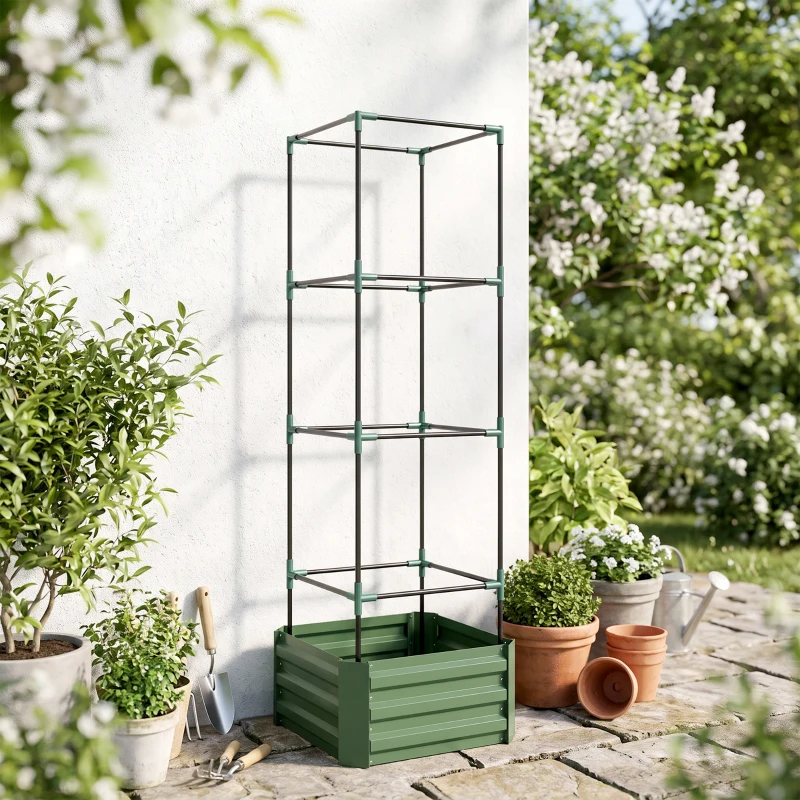 Outsunny Jardinière avec treillis ajustable, bac à fleurs avec cage à tomates acier galvanisé 61 x 61 x 187 cm vert