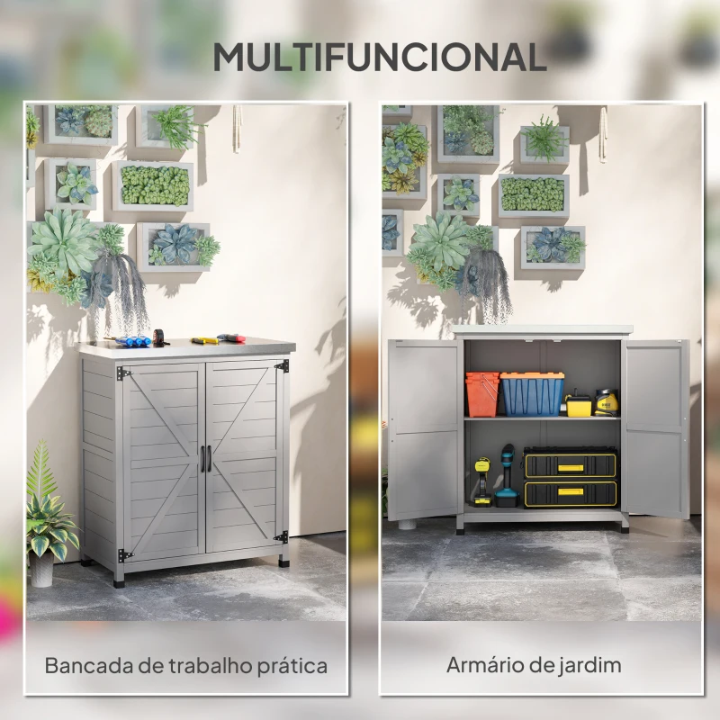 Outsunny Armário de Exterior em Madeira com Tampo de Aço Galvanizado Prateleira 2 Portas  para Armazenamento de Ferramentas 79x43x92 cm Cinza