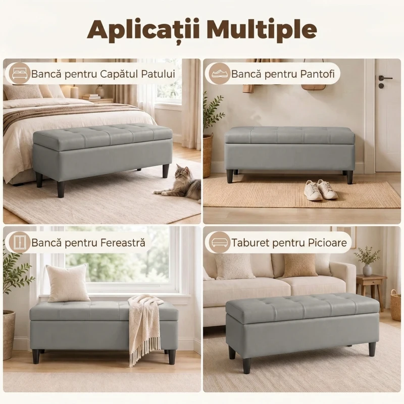 HOMCOM Bancă cu depozitare 136 L, 110x41x42 cm, piele ecologică potrivită pentru animale de companie, gri