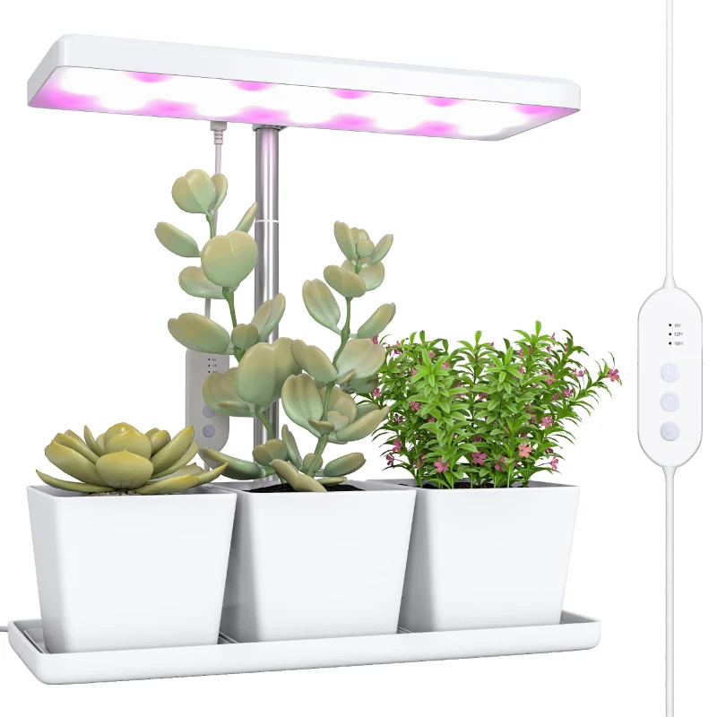 Outsunny Lămpi pentru Plante cu 30 de Lumini LED, 3 Ghivece, Temporizator și Iluminare Reglabilă, 31,8x13,4x18,6-35,6 cm, Alb
