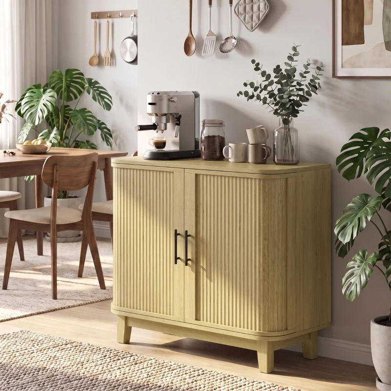 HOMCOM 80cm Sideboard Buffet Cabinet, Storage Cabinet with 2 Curved Doors, Adjustable Shelf and Legs for Dining Room, Oak