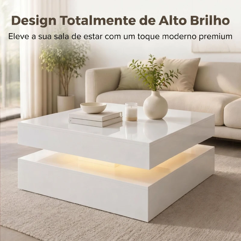 HOMCOM Mesa de Centro com LED RGB de 7 Cores com Armazenamento Aberto e Controlo Remoto 78x78x40 cm Branco