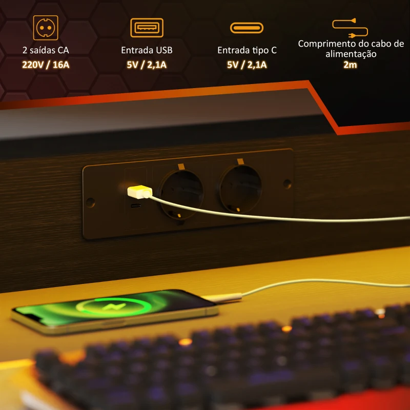 HOMCOM Secretária Gaming com Luzes LED 100x60 cm Tomadas de Corrente Suporte para Monitor Prateleiras e Comando Remoto Preto